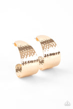 Load image into Gallery viewer, Delicately hammered in a shimmery finish, a flat gold frame curls into a curvy hoop for a chic finish. Earring attaches to a standard post fitting. Hoop measures approximately 1 1/2&quot; in diameter.  Sold as one pair of hoop earrings.
