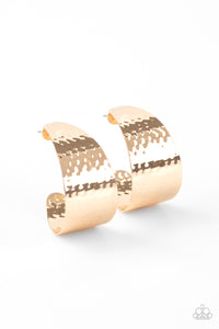 Delicately hammered in a shimmery finish, a flat gold frame curls into a curvy hoop for a chic finish. Earring attaches to a standard post fitting. Hoop measures approximately 1 1/2" in diameter.  Sold as one pair of hoop earrings.