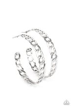 Load image into Gallery viewer, Antiqued silver chain links delicately interconnect into an edgy hoop for a game-changing look. Earring attaches to a standard post fitting. Hoop measures approximately 2 1/4&quot; in diameter.  Sold as one pair of hoop earrings.
