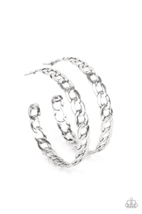 Antiqued silver chain links delicately interconnect into an edgy hoop for a game-changing look. Earring attaches to a standard post fitting. Hoop measures approximately 2 1/4" in diameter.  Sold as one pair of hoop earrings.