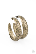 Load image into Gallery viewer, Delicately hammered in studded-like patterns, an oversized antiqued brass hoop boldly curls around the ear for a whimsically rustic look. Earring attaches to a standard post fitting. Hoop measures approximately 2&quot; in diameter.  Sold as one pair of hoop earrings.

