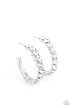 Load image into Gallery viewer, An oversized collection of glittery white rhinestones are encrusted along a textured silver hoop, creating a glamorous sparkle. Earring attaches to a standard post fitting. Hoop measures approximately 1 1/2&quot; in diameter.  Sold as one pair of hoop earrings.
