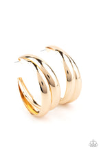 Load image into Gallery viewer, Two thick gold bars delicately overlap into a boldly oversized hoop. Earring attaches to a standard post fitting. Hoop measures approximately 2&quot; in diameter.  Sold as one pair of hoop earrings.
