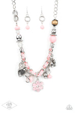 Load image into Gallery viewer, Pink cording is braided through a chunky silver chain. A unique variety of charms decorate the piece including a delicate flower and a heart inscribed with the phrase &quot;With All My Heart&quot; on one side and a short bible verse on the other that reads, &quot;Love the Lord thy God with all your heart. Luke 10:27.&quot; Features an adjustable clasp closure.  Sold as one individual necklace. Includes one pair of matching earrings.
