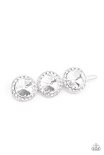 Load image into Gallery viewer, Encrusted in glassy white rhinestones, a trio of oversized white gems coalesce into a blinding centerpiece. Features a clamp barrette closure.  Sold as one individual hair clip.
