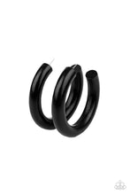 Load image into Gallery viewer, Painted in a shiny black finish, a thick wooden frame dramatically curls into an oversized hoop for a colorfully retro look. Earring attaches to a standard post fitting. Hoop measures approximately 2 1/2" in diameter.  Sold as one pair of hoop earrings.
