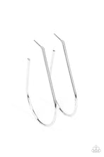 Load image into Gallery viewer, A shiny silver bar sleekly curls into an elongated hoop for a chic look. Earring attaches to a standard post fitting. Hoop measures approximately 1 1/2&quot; in diameter.  Sold as one pair of hoop earrings.
