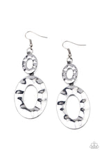 Load image into Gallery viewer, A mismatched pair of hammered gunmetal ovals delicately link into a blinding metallic lure. Earring attaches to a standard fishhook fitting.  Sold as one pair of earrings.
