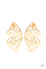 Load image into Gallery viewer, Shimmery gold bars delicately climb scalloped gold frames, coalescing into a whimsical butterfly wing. Earring attaches to a standard post fitting.  Sold as one pair of post earrings.
