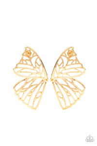 Shimmery gold bars delicately climb scalloped gold frames, coalescing into a whimsical butterfly wing. Earring attaches to a standard post fitting.  Sold as one pair of post earrings.