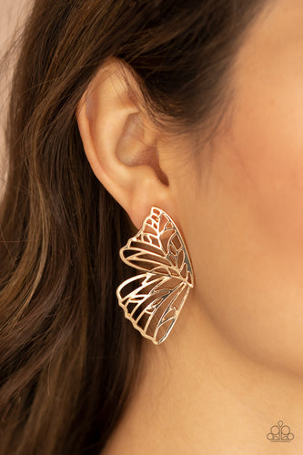 Shimmery gold bars delicately climb scalloped gold frames, coalescing into a whimsical butterfly wing. Earring attaches to a standard post fitting.  Sold as one pair of post earrings.