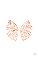 Load image into Gallery viewer, Shiny copper bars delicately climb scalloped shiny copper frames, coalescing into a whimsical butterfly wing. Earring attaches to a standard post fitting.  Sold as one pair of post earrings.

