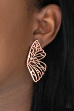 Load image into Gallery viewer, Shiny copper bars delicately climb scalloped shiny copper frames, coalescing into a whimsical butterfly wing. Earring attaches to a standard post fitting.  Sold as one pair of post earrings.
