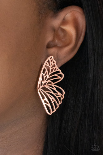 Shiny copper bars delicately climb scalloped shiny copper frames, coalescing into a whimsical butterfly wing. Earring attaches to a standard post fitting.  Sold as one pair of post earrings.