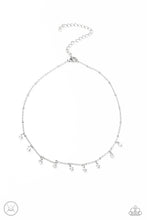 Load image into Gallery viewer, Glassy white rhinestones swing from a dainty silver chain, creating a glamorous fringe around the neck. Features an adjustable clasp closure.  Sold as one individual choker necklace. Includes one pair of matching earrings.
