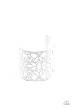 Load image into Gallery viewer, Featuring an airy floral stenciled design, a shiny white cuff wraps around the wrist for a vivacious finish.  Sold as one individual bracelet.
