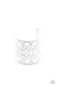 Featuring an airy floral stenciled design, a shiny white cuff wraps around the wrist for a vivacious finish.  Sold as one individual bracelet.