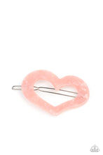 Load image into Gallery viewer, Flecked in iridescent shell-like shimmer, a pink acrylic heart frame pulls back the hair in a flirty fashion. Features a clamp barrette closure.  Sold as one individual Barrette.
