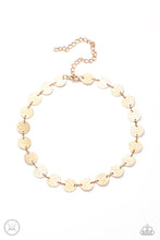Load image into Gallery viewer, Hammered in shimmery detail, a shiny collection of dainty gold discs delicately link into a blinding display around the neck. Features an adjustable clasp closure.  Sold as one individual choker necklace. Includes one pair of matching earrings.
