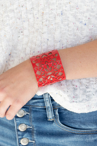 Featuring an airy floral stenciled design, a flamboyant red cuff wraps around the wrist for a vivacious finish.  Sold as one individual bracelet.
