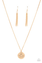 Load image into Gallery viewer, Infused with feathery accents, a shiny gold disc is stamped in the phrase, &quot;Give Thanks,&quot; at the bottom of a shimmery gold chain. Features an adjustable clasp closure.  Sold as one individual necklace. Includes one pair of matching earrings.
