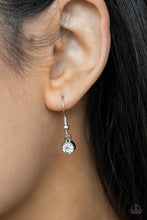 Load image into Gallery viewer, An oversized collection of white emerald cut gems and regally cut clusters of rhinestones delicately link below the collar, creating a dramatically sparkly fringe. Features an adjustable clasp closure.  Sold as one individual necklace. Includes one pair of matching earrings. 

