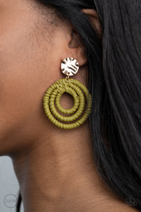 A hammered gold disc attaches to rippling hoops wrapped in green wicker-like cording, creating an earthy lure. Earring attaches to a standard clip-on fitting.  Sold as one pair of clip-on earrings.