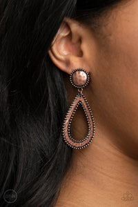 Bordered in antiqued copper studs, a hammered disc attaches to a hammered teardrop, creating a rustic lure. Earring attaches to a standard clip-on fitting.  Sold as one pair of clip-on earrings.