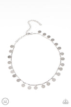 Load image into Gallery viewer, Hammered shiny silver discs swing from interconnected shimmery silver bars around the neck, creating a shimmery fringe. Features an adjustable clasp closure.  Sold as one individual choker necklace. Includes one pair of matching earrings.
