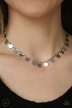 Load image into Gallery viewer, Hammered shiny silver discs swing from interconnected shimmery silver bars around the neck, creating a shimmery fringe. Features an adjustable clasp closure.  Sold as one individual choker necklace. Includes one pair of matching earrings.
