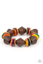 Load image into Gallery viewer, Multicolored wooden discs and chunky brown wooden beads are threaded along a stretchy band around the wrist, creating a summery look.  Sold as one individual bracelet.
