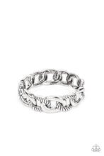 Load image into Gallery viewer, Featuring plain and textured finishes, chunky silver links interconnect into an edgy bangle-like cuff. Features a hinged closure.  Sold as one individual bracelet.
