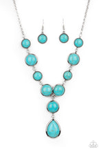Load image into Gallery viewer, Featuring studded and plain silver frames, small and large turquoise stones delicately alternate below the collar. A refreshing turquoise stone teardrop frame swings from the bottom of a matching stone frame, creating an earthy extended pendant. Features an adjustable clasp closure. Includes one pair of matching earrings.
