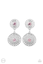 Load image into Gallery viewer, Dotted with glittery pink rhinestone centers, shimmery silver floral frames link into a whimsical lure. The lower frame is bordered in glassy white rhinestones for a timeless finish. Earring attaches to a standard clip-on fitting.  Sold as one pair of clip-on earrings.
