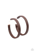 Load image into Gallery viewer, A rustic brown leather lace wraps around a thick silver hoop, creating an edgy display. Earring attaches to a standard post fitting. Hoop measures approximately 2 1/2&quot; in diameter.  Sold as one pair of hoop earrings.
