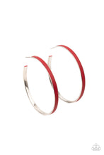 Load image into Gallery viewer, A red leather lace is pressed along the indented spine of a silver hoop, creating a bold pop of color. Earring attaches to a standard post fitting. Hoop measures approximately 2 1/4&quot; in diameter.  Sold as one pair of hoop earrings.
