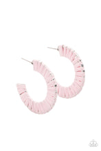 Load image into Gallery viewer, Pink wicker-like cording wraps around a thick silver hoop, creating a flirty pop of color. Earring attaches to a standard post fitting. Hoop measures approximately 1 1/2&quot; in diameter.  Sold as one pair of hoop earrings.
