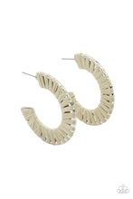 Load image into Gallery viewer, Green wicker-like cording wraps around a thick silver hoop, creating a flirty pop of color. Earring attaches to a standard post fitting. Hoop measures approximately 1 1/2&quot; in diameter.  Sold as one pair of hoop earrings.
