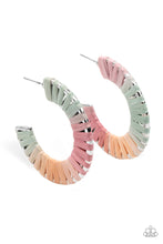 Load image into Gallery viewer, Multicolored wicker-like cording wraps around a thick silver hoop, creating a flirty pop of color. Earring attaches to a standard post fitting. Hoop measures approximately 1 1/2&quot; in diameter.  Sold as one pair of hoop earrings.
