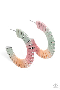 Multicolored wicker-like cording wraps around a thick silver hoop, creating a flirty pop of color. Earring attaches to a standard post fitting. Hoop measures approximately 1 1/2" in diameter.  Sold as one pair of hoop earrings.
