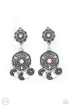 Load image into Gallery viewer, Dainty silver discs and antiqued floral frames dance from the bottom of an ornately embossed silver frame that links to a matching silver fitting. Both frames are dotted in pink opalescent rhinestone centers, while the largest of frames is sprinkled in dainty white rhinestone accents for a dreamy finish. Earring attaches to a standard clip-on fitting.  Sold as one pair of clip-on earrings.
