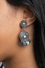 Load image into Gallery viewer, Dainty silver discs and antiqued floral frames dance from the bottom of an ornately embossed silver frame that links to a matching silver fitting. Both frames are dotted in pink opalescent rhinestone centers, while the largest of frames is sprinkled in dainty white rhinestone accents for a dreamy finish. Earring attaches to a standard clip-on fitting.  Sold as one pair of clip-on earrings.
