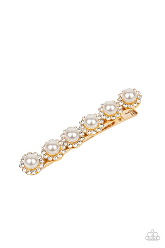 Bordered in rings of dainty white rhinestones, pearly white beads embellish the front of a gold hair clip for a timeless finish.  Sold as one individual hair clip.