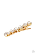Load image into Gallery viewer, Bordered in rings of dainty white rhinestones, pearly white beads embellish the front of a gold hair clip for a timeless finish.  Sold as one individual hair clip.
