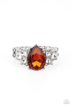 Load image into Gallery viewer, Trios of glassy white rhinestones flank an oversized teardrop topaz rhinestone, creating a sparkly centerpiece atop a dainty silver band. Features a dainty stretchy band for a flexible fit.  Sold as one individual ring.
