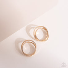 Load image into Gallery viewer, Thick gold rings intricately interlock into a stacked frame for an edgy look. Earring attaches to a standard post fitting.  Sold as one pair of post earrings.

