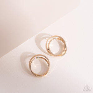 Thick gold rings intricately interlock into a stacked frame for an edgy look. Earring attaches to a standard post fitting.  Sold as one pair of post earrings.