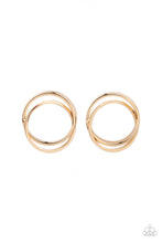 Load image into Gallery viewer, Thick gold rings intricately interlock into a stacked frame for an edgy look. Earring attaches to a standard post fitting.  Sold as one pair of post earrings.
