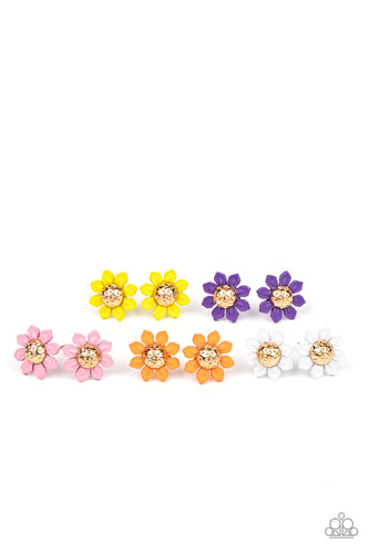 Earrings in assorted colors and flower shapes. Featuring gold beaded centers, the floral frames vary in shades of yellow, purple, pink, orange, and white. Earrings attach to standard post fittings.