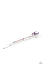 Load image into Gallery viewer, A purple teardrop gem adorns the corner of a bobby pin that is adorned in opalescent rhinestones for a glamorous finish.  Sold as one individual decorative bobby pin.
